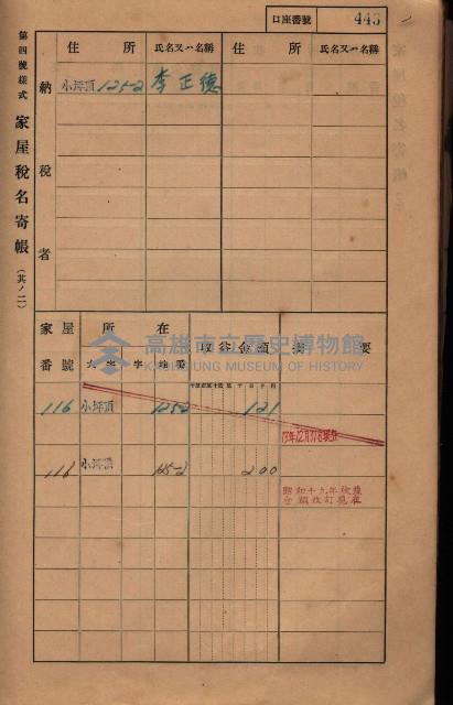 高雄州鳳山郡大樹庄小坪頂家屋稅名寄帳
（三冊之內第三號）藏品圖，第44張