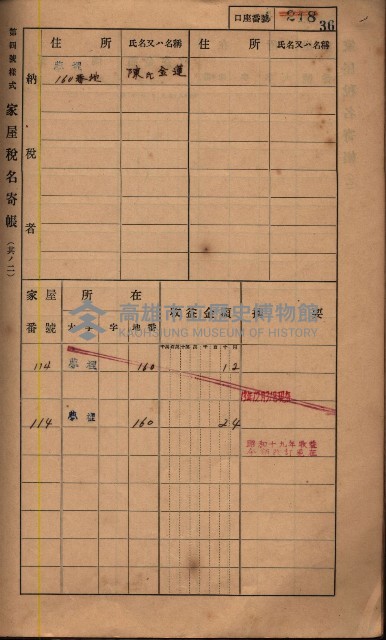 高雄州鳳山郡鳥松庄夢裡、崎子脚、十九灣家屋稅名寄帳
（一冊之內第一號）藏品圖，第44張