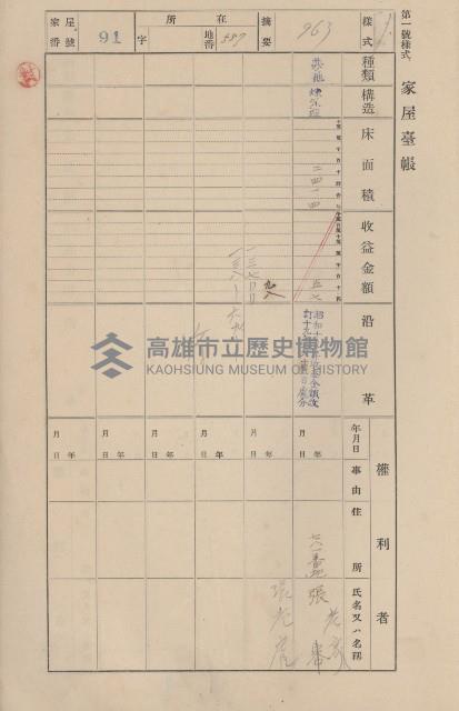 鳳山郡仁武庄三奶壇家屋臺帳
（四冊之內第三號）藏品圖，第94張