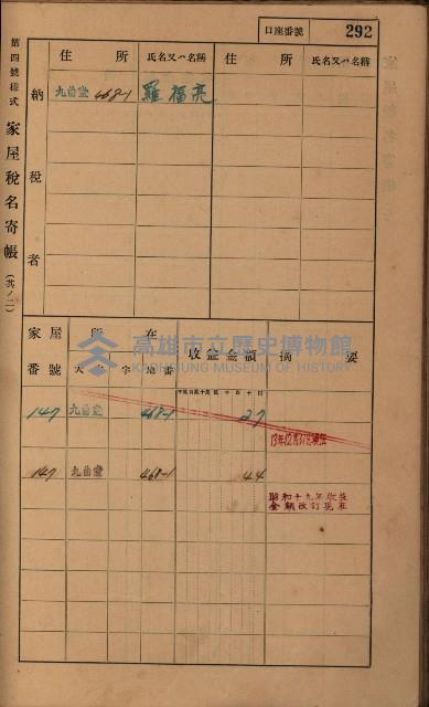 高雄州鳳山郡大樹庄九曲堂家屋稅名寄帳
（二冊之內第二號）藏品圖，第94張