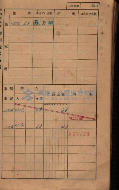 高雄州鳳山郡大樹庄小坪頂家屋稅名寄帳
（三冊之內第三號）藏品圖，第94張
