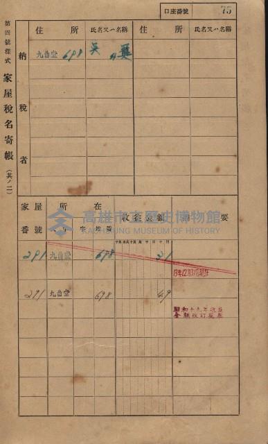 高雄州鳳山郡大樹庄九曲堂家屋稅名寄帳
（二冊之內第一號）藏品圖，第94張