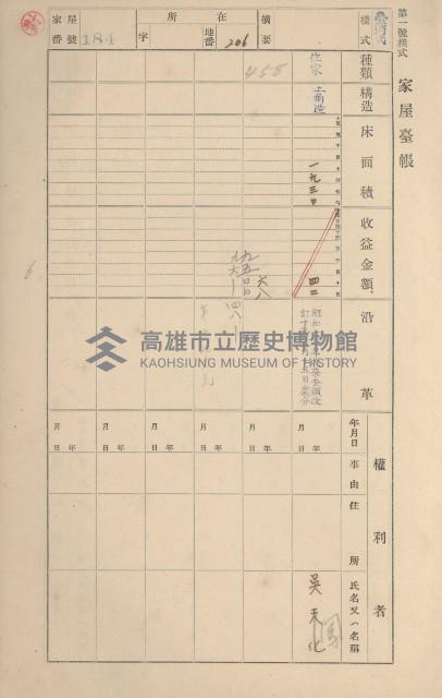 鳳山郡鳥松庄田草埔家屋臺帳
（二冊之內第一號）藏品圖，第184張