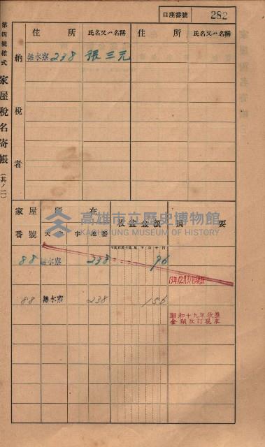 高雄州鳳山郡大樹庄無水寮家屋稅名寄帳
（二冊之內第二號）藏品圖，第84張