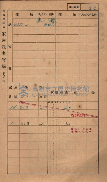 高雄州鳳山郡大樹庄無水寮家屋稅名寄帳
（二冊之內第二號）藏品圖，第134張