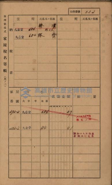 高雄州鳳山郡大樹庄九曲堂家屋稅名寄帳
（二冊之內第二號）藏品圖，第134張