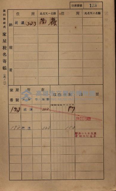 高雄州鳳山郡大寮庄拷潭家屋稅名寄帳
（二冊之內第一號）藏品圖，第134張