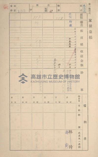 鳳山郡鳥松庄田草埔家屋臺帳
（二冊之內第一號）藏品圖，第134張