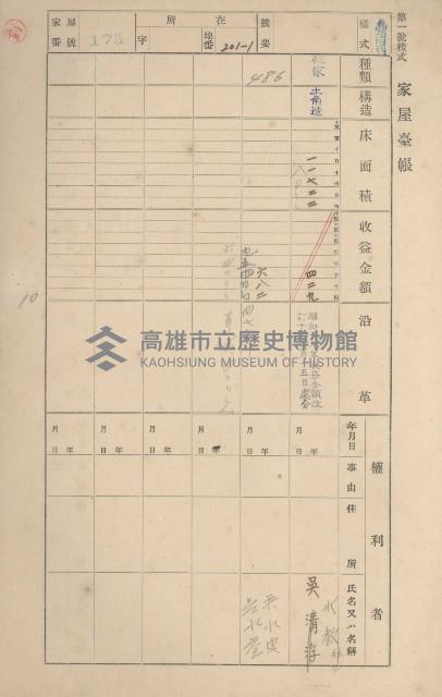 鳳山郡鳥松庄田草埔家屋臺帳
（二冊之內第一號）藏品圖，第174張