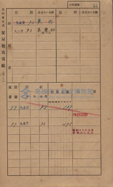 高雄州鳳山郡大樹庄九曲堂家屋稅名寄帳
（二冊之內第一號）藏品圖，第74張