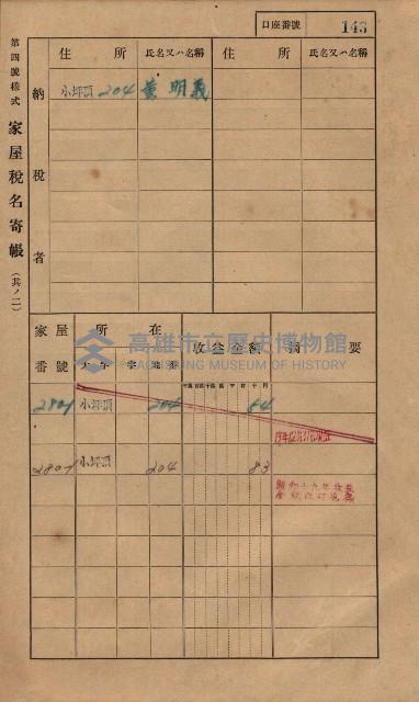 高雄州鳳山郡大樹庄小坪頂家屋稅名寄帳
（三冊之內第一號）藏品圖，第166張