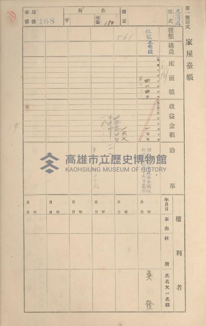 鳳山郡鳥松庄田草埔家屋臺帳
（二冊之內第一號）藏品圖，第166張