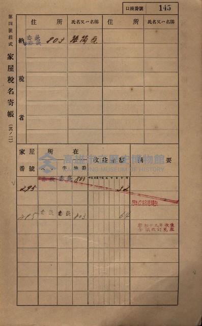 高雄州鳳山郡大寮庄赤崁家屋稅名寄帳
（三冊之內第一號）藏品圖，第166張