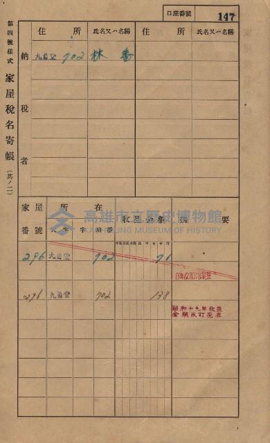 高雄州鳳山郡大樹庄九曲堂家屋稅名寄帳
（二冊之內第一號）藏品圖，第166張