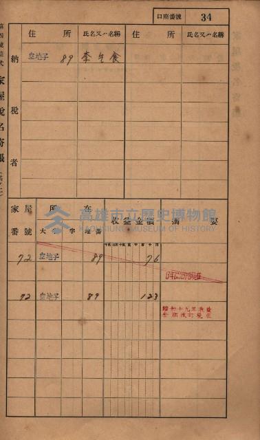 高雄州鳳山郡小港庄塩水港、中大厝、空地子
家屋稅名寄帳（一冊之內第一號）藏品圖，第66張