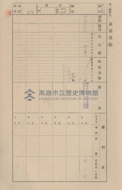 鳳山郡仁武庄三奶壇家屋臺帳
（四冊之內第三號）藏品圖，第66張