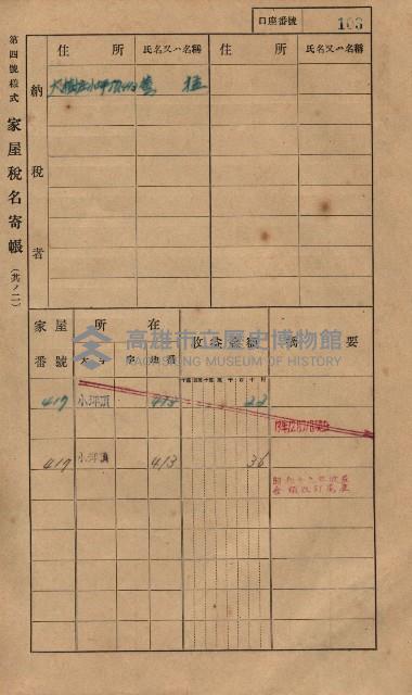高雄州鳳山郡大樹庄小坪頂家屋稅名寄帳
（三冊之內第一號）藏品圖，第126張