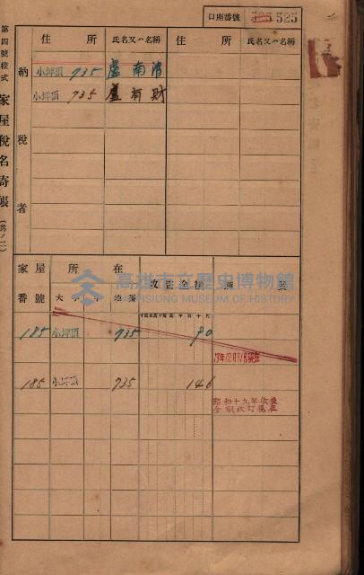 高雄州鳳山郡大樹庄小坪頂家屋稅名寄帳
（三冊之內第三號）藏品圖，第126張