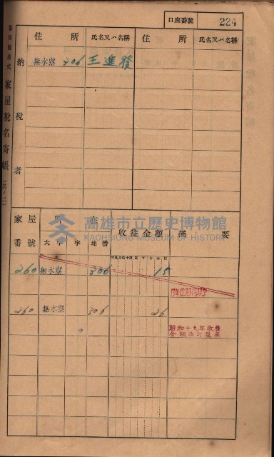 高雄州鳳山郡大樹庄無水寮家屋稅名寄帳
（二冊之內第二號）藏品圖，第26張