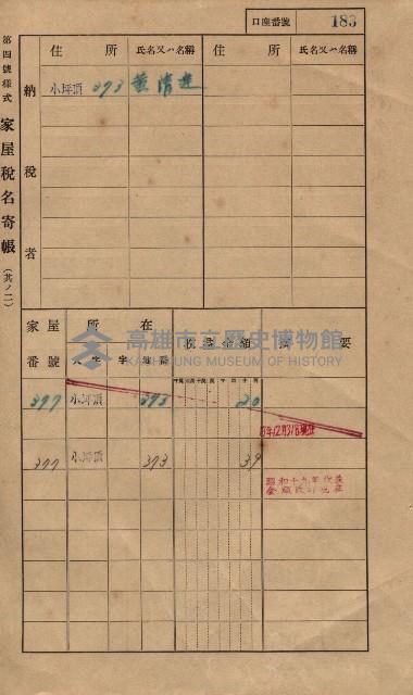 高雄州鳳山郡大樹庄小坪頂家屋稅名寄帳
（三冊之內第一號）藏品圖，第206張