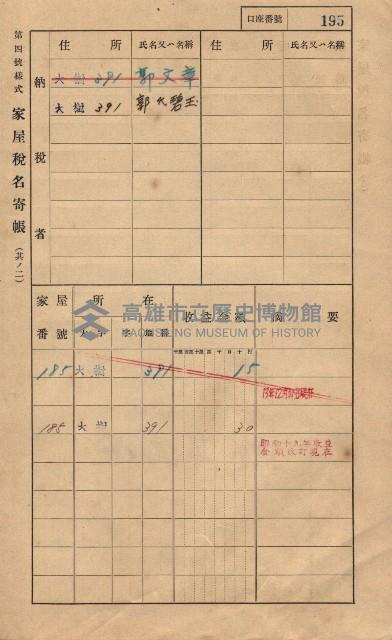 高雄州鳳山郡大樹庄大樹家屋稅名寄帳
（一冊之內第一號）藏品圖，第206張