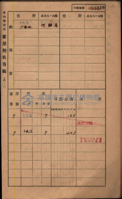 高雄州鳳山郡鳥松庄夢裡、崎子脚、十九灣家屋稅名寄帳
（一冊之內第一號）藏品圖，第206張