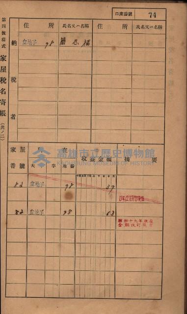 高雄州鳳山郡小港庄塩水港、中大厝、空地子
家屋稅名寄帳（一冊之內第一號）藏品圖，第106張