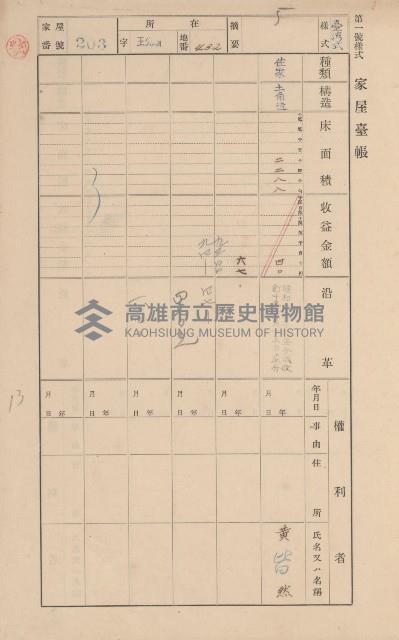 鳳山郡林園庄王公廟家屋臺帳（三冊之內第一號）藏品圖，第216張