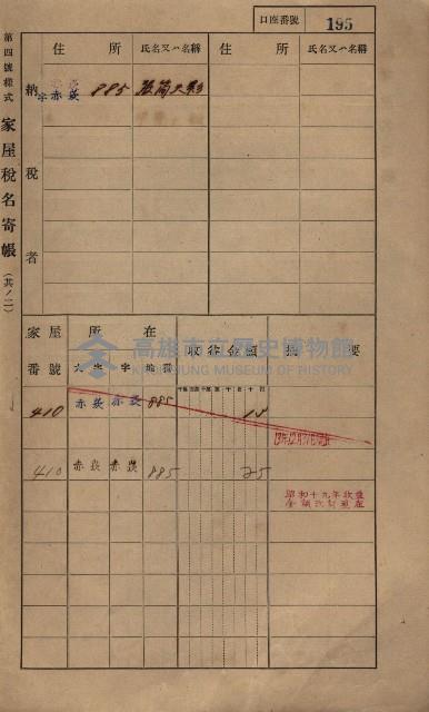 高雄州鳳山郡大寮庄赤崁家屋稅名寄帳
（三冊之內第一號）藏品圖，第216張