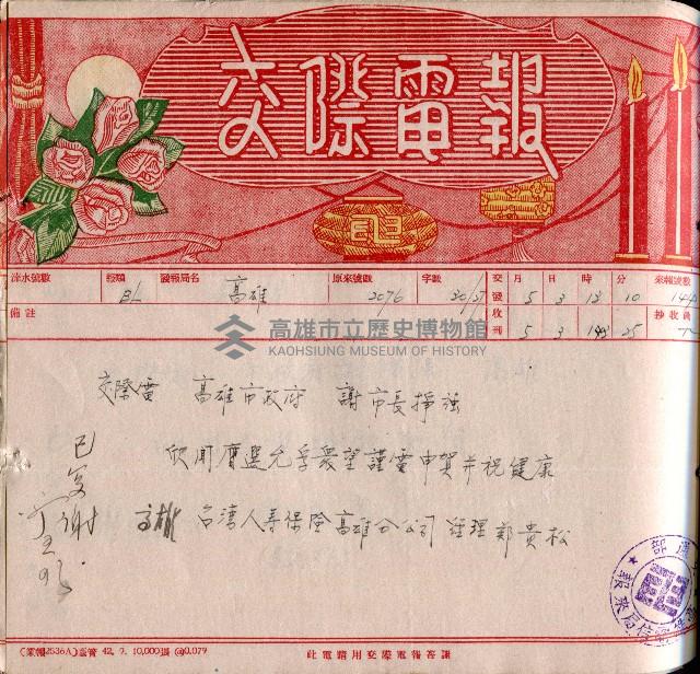 謝掙強連任第二屆高雄市長賀報藏品圖，第15張