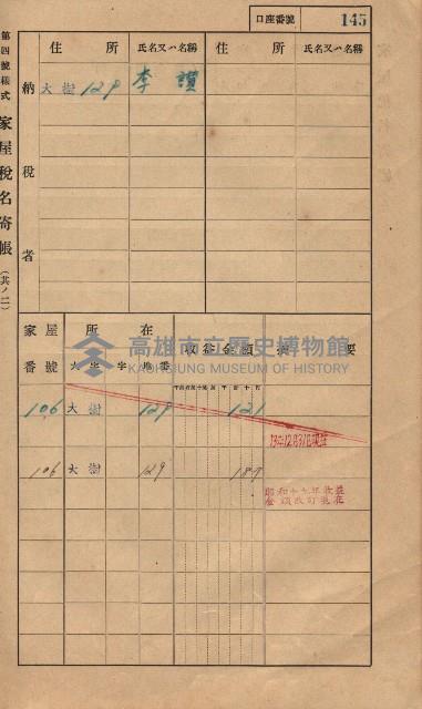 高雄州鳳山郡大樹庄大樹家屋稅名寄帳
（一冊之內第一號）藏品圖，第156張