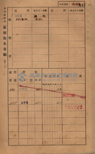 高雄州鳳山郡鳥松庄田草埔家屋稅名寄帳藏品圖，第156張