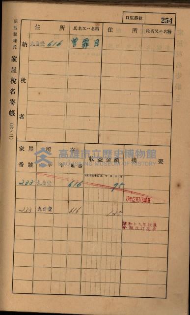 高雄州鳳山郡大樹庄九曲堂家屋稅名寄帳
（二冊之內第二號）藏品圖，第56張