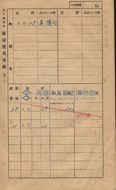 高雄州鳳山郡大樹庄大樹家屋稅名寄帳
（一冊之內第一號）藏品圖，第56張