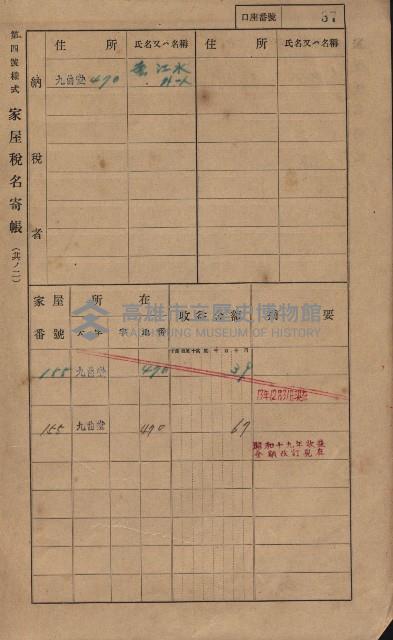 高雄州鳳山郡大樹庄九曲堂家屋稅名寄帳
（二冊之內第一號）藏品圖，第56張