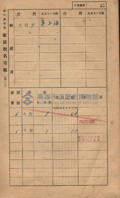 高雄州鳳山郡大樹庄大樹家屋稅名寄帳
（一冊之內第一號）藏品圖，第46張