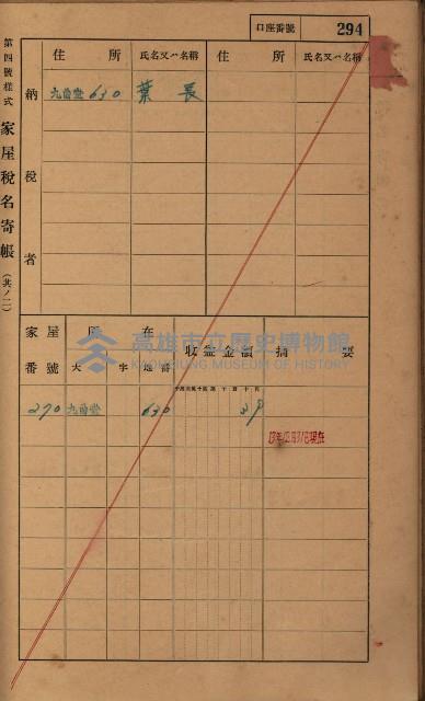 高雄州鳳山郡大樹庄九曲堂家屋稅名寄帳
（二冊之內第二號）藏品圖，第96張