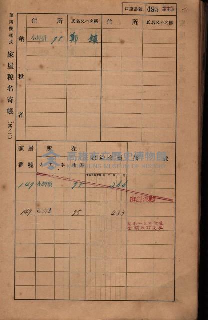 高雄州鳳山郡大樹庄小坪頂家屋稅名寄帳
（三冊之內第三號）藏品圖，第96張