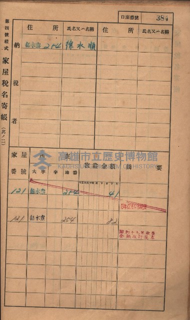 高雄州鳳山郡大樹庄無水寮家屋稅名寄帳
（二冊之內第二號）藏品圖，第186張