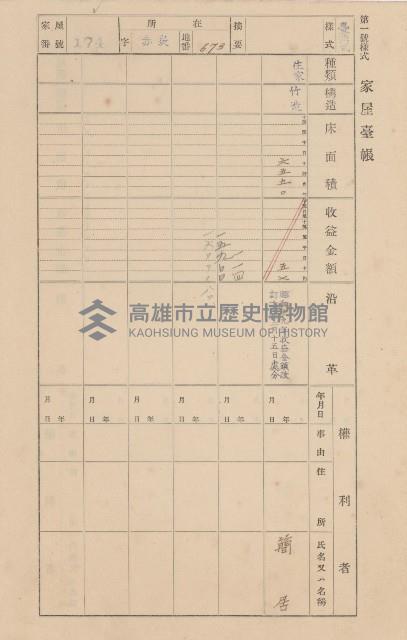 鳳山郡大寮庄赤崁家屋臺帳（四冊之內第一號）藏品圖，第186張
