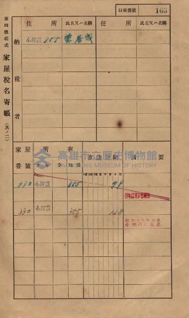 高雄州鳳山郡大樹庄小坪頂家屋稅名寄帳
（三冊之內第一號）藏品圖，第186張