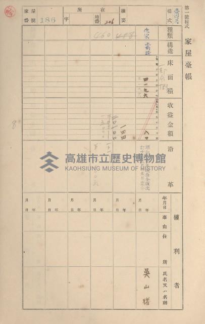 鳳山郡鳥松庄田草埔家屋臺帳
（二冊之內第一號）藏品圖，第186張