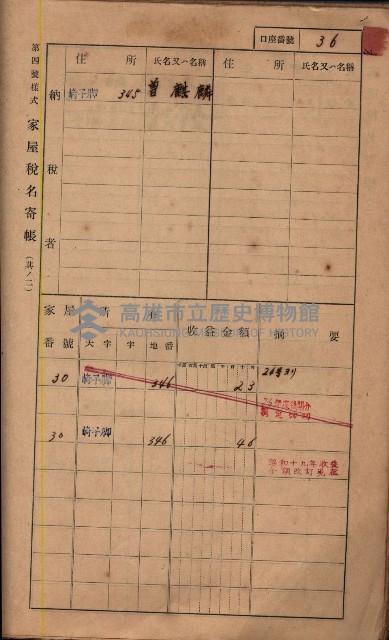 高雄州鳳山郡鳥松庄夢裡、崎子脚、十九灣家屋稅名寄帳
（一冊之內第一號）藏品圖，第186張