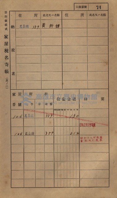 高雄州鳳山郡小港庄鳳鼻頭家屋稅名寄帳
（一冊之內第一號）藏品圖，第86張