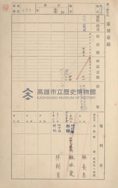鳳山郡鳥松庄田草埔家屋臺帳
（二冊之內第一號）藏品圖，第136張