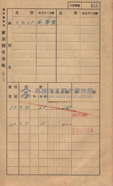 高雄州鳳山郡大樹庄大樹家屋稅名寄帳
（一冊之內第一號）藏品圖，第136張