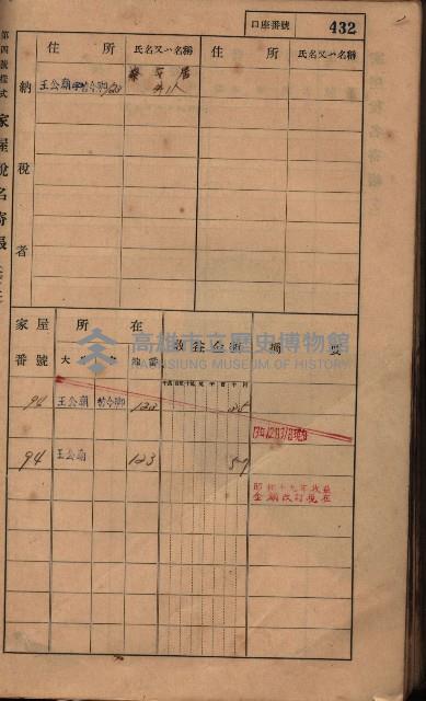 高雄州鳳山郡林園庄王公廟家屋稅名寄帳
（三冊之內第三號）藏品圖，第36張