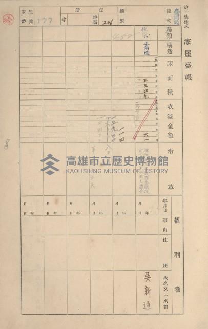 鳳山郡鳥松庄田草埔家屋臺帳
（二冊之內第一號）藏品圖，第176張
