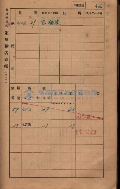 高雄州鳳山郡大樹庄小坪頂家屋稅名寄帳
（三冊之內第三號）藏品圖，第63張