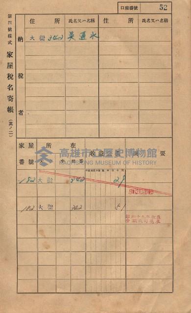 高雄州鳳山郡大樹庄大樹家屋稅名寄帳
（一冊之內第一號）藏品圖，第63張